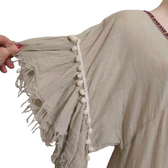 🎟️BOGO FREE🎟️ ZL Europe Hippie Boho Pom Pom Raw Hem Dress Sz L - Picture 6 of 8